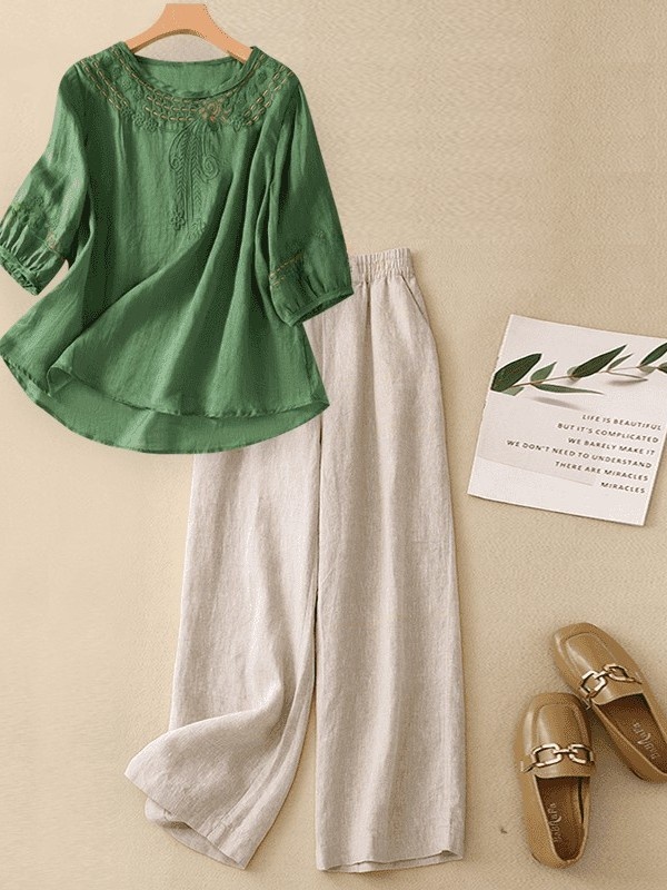 High-End Cotton Linen Set Wome - Linen Shirt Breathable recension och pris